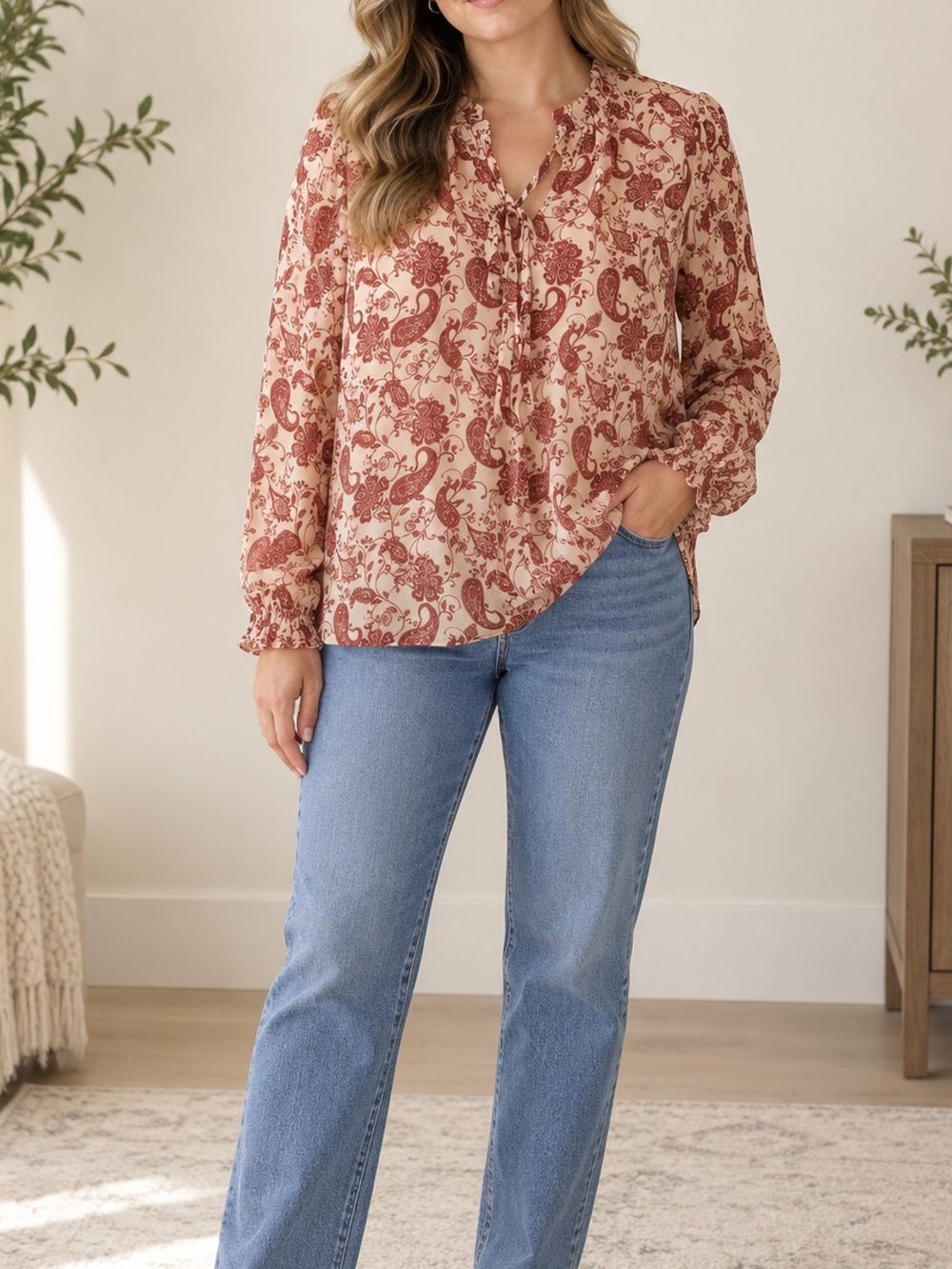 By Design Paisley Tie Neck Blouse Rust Cream Long Sleeve Large